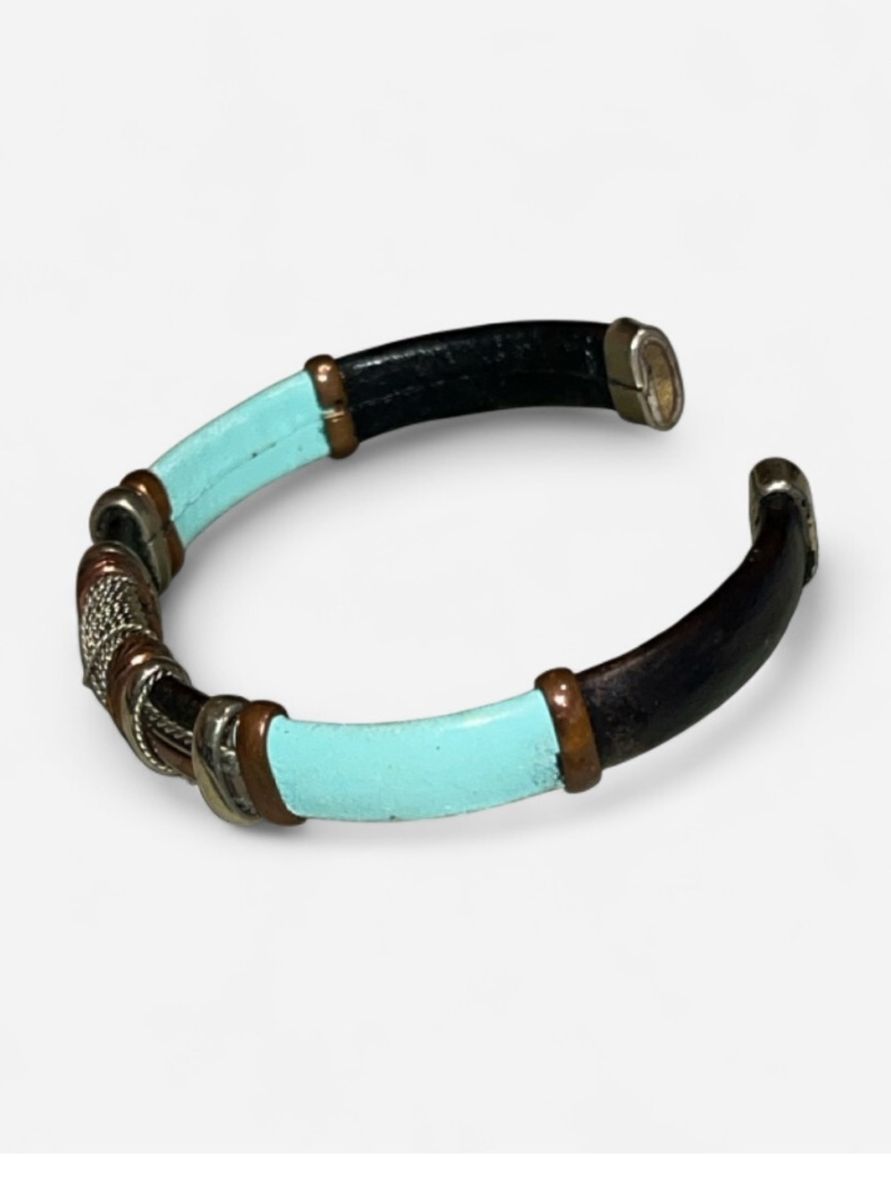 Handmade Turquoise & Black Leather w Mixes Metals Open Cuff Bracelet - unisex